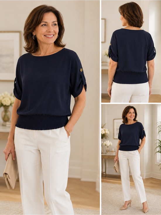Michael Kors Tops - Michael Kors Navy Blue Smocked Hem Blouse Top | Size Medium | NWT